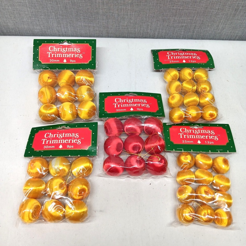 Vtg Mini 1" Satin Silk Christmas Ball Ornaments Qty 45 MCM Red Gold/Yellow NOS